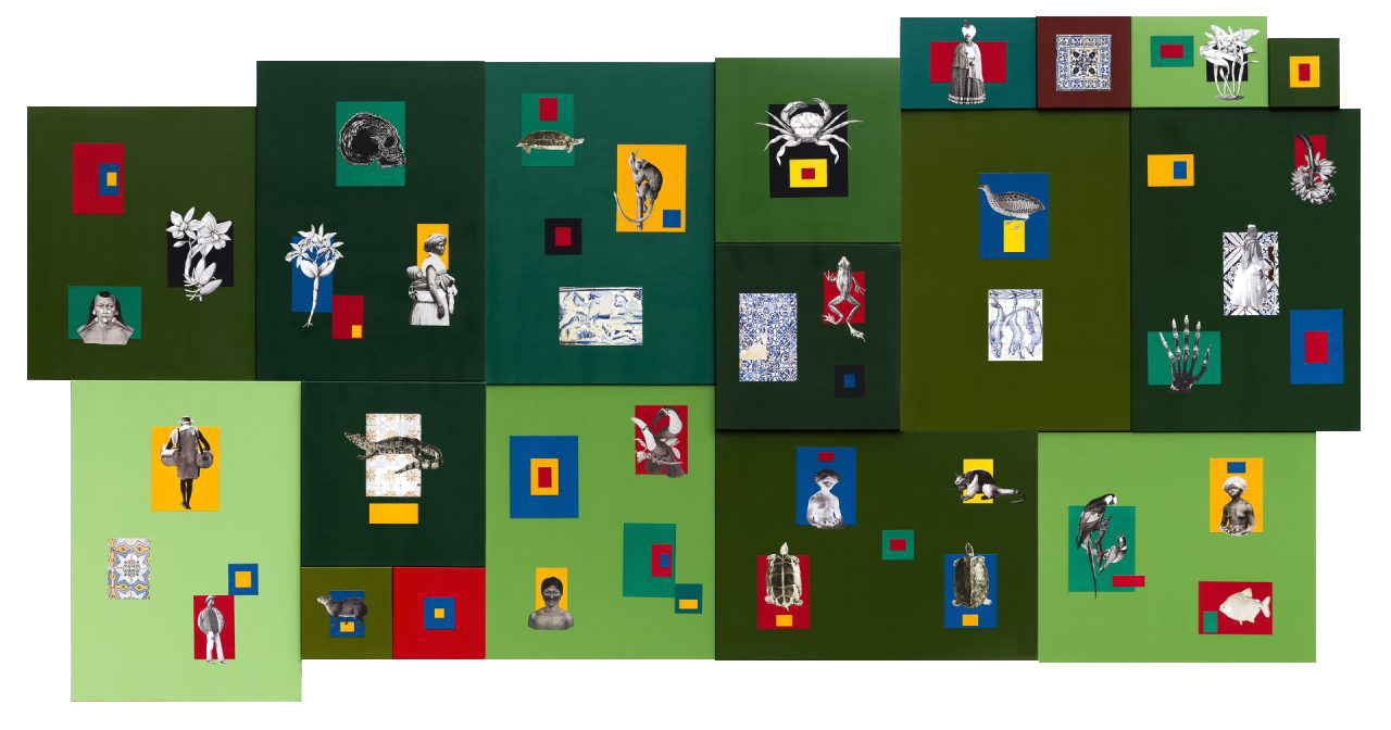 Rosana Paulino (São Paulo, São Paulo, 1967). Geometria à Brasileira: Verde N. 2, 2022. Colagem, monotipia e acrílica sobre tela. 170 x 294 x 5 cm. Cortesia da artista e da Galeria Mendes Wood DM, São Paulo, Bruxelas, Nova York. Copyright da artista. Foto: Bruno Leão.